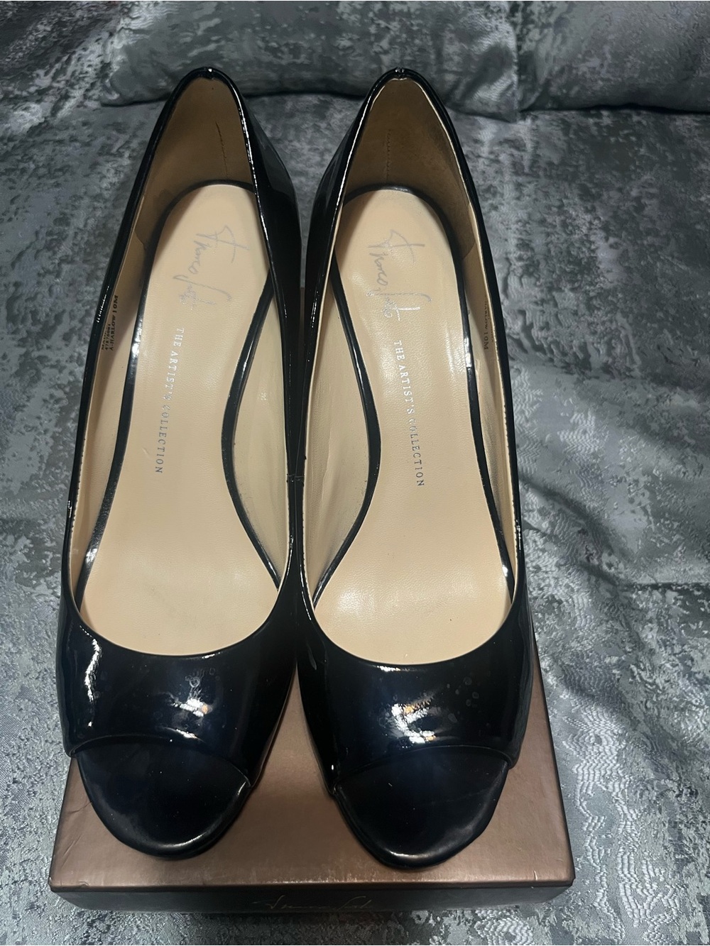 Franciscan Black Patent Peep-Toe Wedge Heels